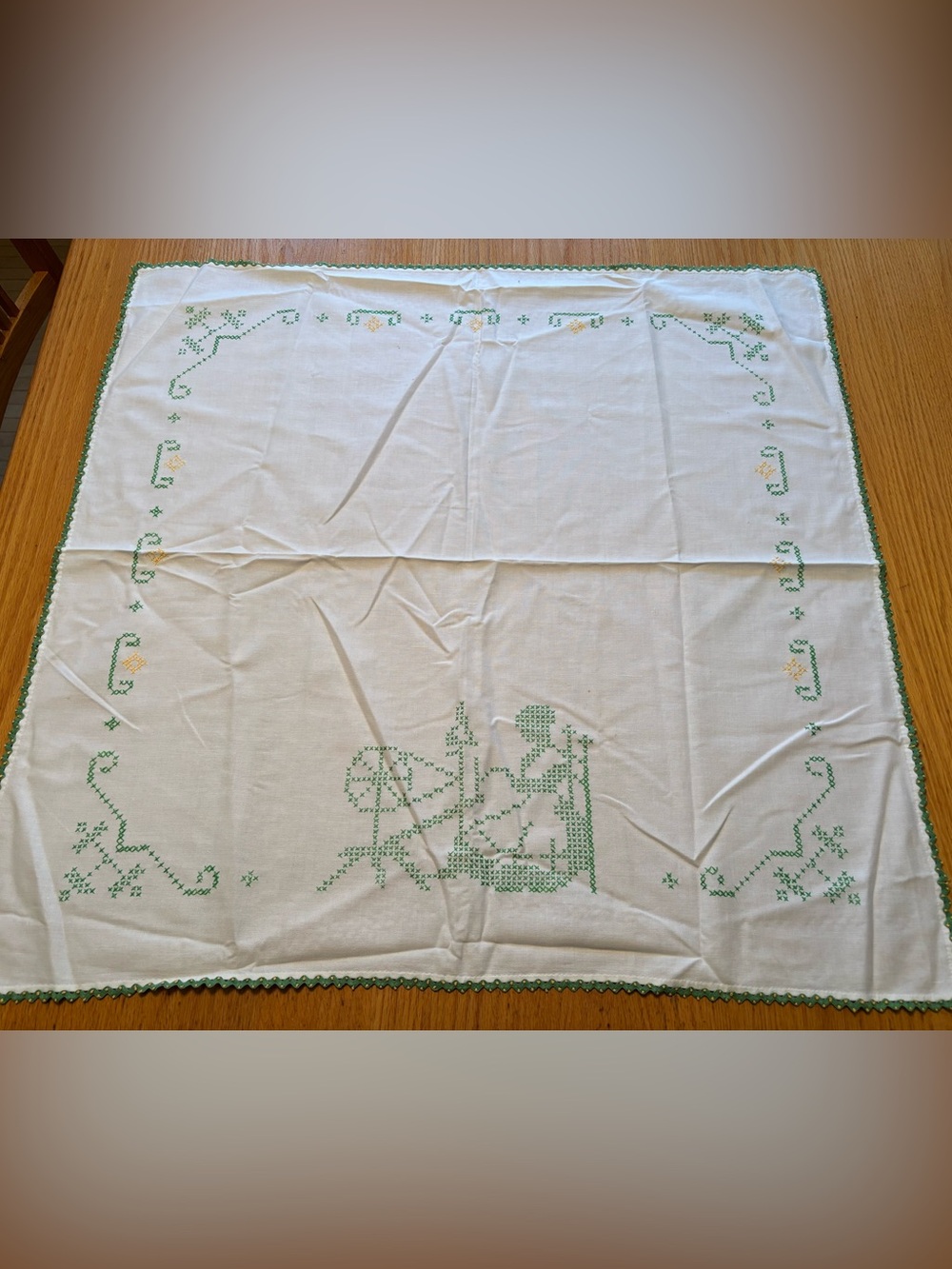 Vintage Cross-Stitch Tablecloth in White and Green (30.5” x 31.5” )